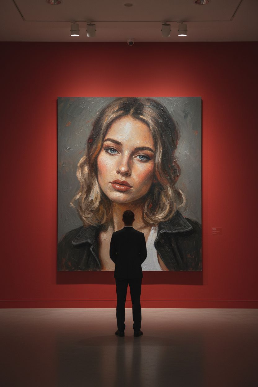 Создай сцену в галерее современного искусства, используй прилагаемое изображение лица и внешности человека, не меняя черты лица. На стене висит большой портрет человека маслом. Её лицо и верхняя часть тела написано в реалистичной, экспрессивной манере масленной живописи с текстурированными мазками и приглушенными цветами. Чистая красная стена галереи создаёт профессиональную атмосферу выставки благодаря мягкому освещению, освещающей произведения искусства. Перед картиной с видом сзади, стоит мужчина рассматривая картину, что придаёт сцену кинематографическое и таинственное настроение.