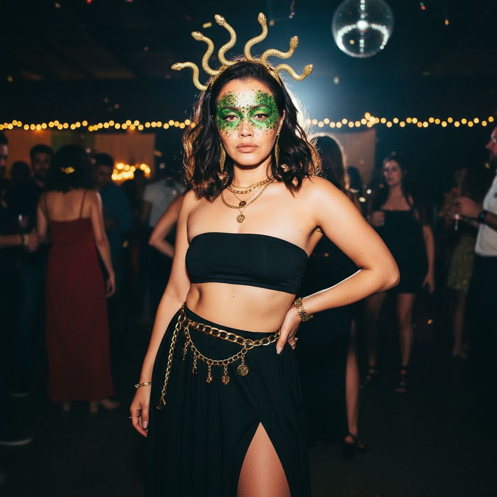 Фото женщины на вечеринке в костюме Медузы. На ней золотой ободок в форме змей, тёмные волнистые волосы, зелёный блестящий макияж на верхней части лица. Костюм — чёрный топ-бандо и длинная юбка с высоким разрезом, золотые украшения и цепной пояс. Фото снято со вспышкой на цифровой фотоаппарат. Сохранять настоящее лицо без изменений. Реалистичный снимок с атмосферой вечеринки.