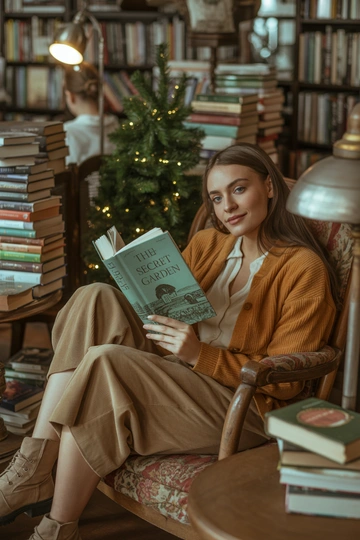 Женщина в уютном книжном магазине рядом с небольшой наряженной ёлкой, одета в тёплый горчичный кардиган поверх молочной блузы, свободные вельветовые брюки, на ногах замшевые ботинки. Она полулежит на мягком кресле, держа на коленях раскрытую книгу, смотрит в камеру, вокруг аромат кофе и книжная атмосфера.