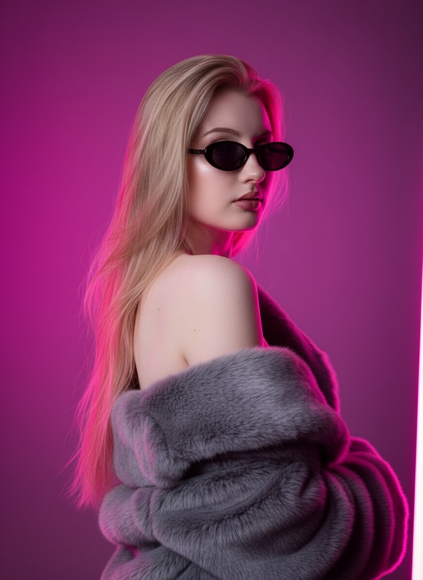  :Imagem 1
Crie uma imagem minha confiante posando elegantemente contra um fundo gradiente magenta escuro a roxo, exalando glamour e atitude. Ela veste um luxuoso casaco de pele sintética cinza sobre os ombros, iluminada por vibrantes luzes neon rosa e roxas. Seus longos cabelos fluem naturalmente refletindo na iluminação. Ela olha por cima do ombro com uma expressão serena, porém cativante, usando pequenos óculos de sol ovais pretos que adicionam um toque retrô e misterioso. O clima geral é cinematográfico, sensual e moderno, combinando estética retrô com elegância moderna. A textura de sua pele parece fotorrealista e suave, com poros naturais visíveis e reflexos suaves das luzes coloridas. A textura da pele parece macia e detalhada, mostrando fios individuais iluminados pelo brilho rosa, criando profundidade e realismo.
Estilo fotográfico: retrato de estúdio de moda, iluminação neon, gradação de cores de alto contraste, resolução 8K ultrarrealista.
Configuração da câmera: Nikon Z7 II com lente 85 mm f/1.8, ISO 200, abertura f/2.2, foco suave no fundo com detalhes nítidos do objeto.
Ambiente: ousado, elegante, confiante, misterioso.
Iluminação: neon de dois tons (magenta e violeta), iluminação lateral e traseira com preenchimento frontal suave para um equilíbrio suave de sombras.
Detalhes adicionais: paleta de cores cinematográfica, detalhes precisos em texturas de pele e pelos, reflexo brilhante em óculos de sol, composição artística de estúdio.