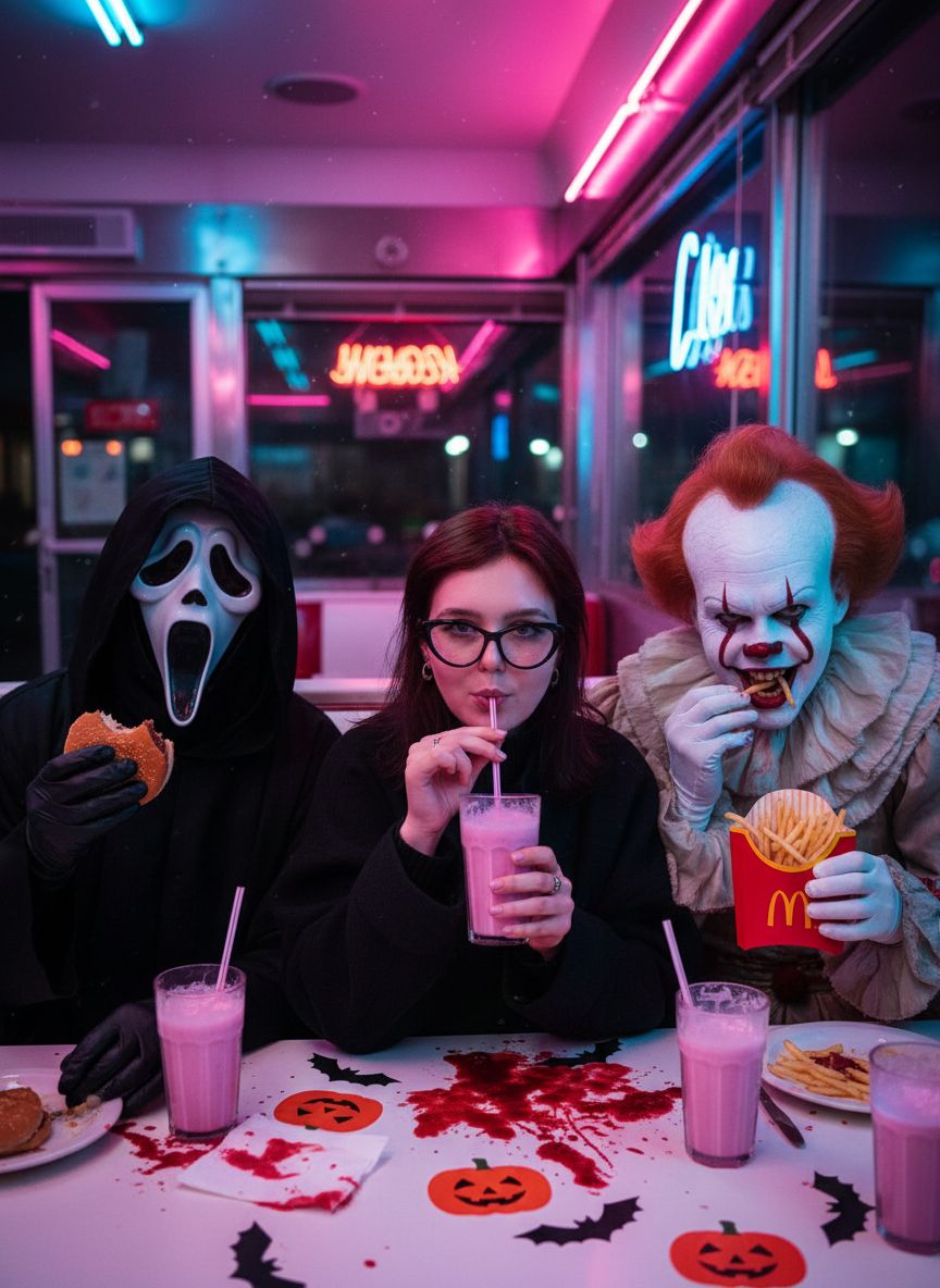 Создайте кинематографическую фотографию на тему Хэллоуина в ночном ретро-американском ресторане, освещённом розовыми и синими неоновыми огнями, отражающимися от стен и окон. За столом сидят три персонажа: слева — человек в маске Призрачного Лица из фильма «Крик», едящий гамбургер; в центре — я, как на прикреплённом изображении, женщина в чёрном костюме, держащая стакан и пьющая розовый молочный коктейль через трубочку. В левой руке она держит соломинку, а в правой — стакан; справа — человек в костюме Пеннивайза, клоуна из фильма «Оно», ест картофель фри из McDonald's. Стол украшен наклейками с летучими мышами и тыквами, а также на нём есть пятна искусственной крови. Атмосфера жуткая, но весёлая, смешивает юмор и ужас. Все трое смотрят в камеру. Высококачественная съёмка, кинематографическое освещение, яркое неоновое свечение, детальные текстуры.