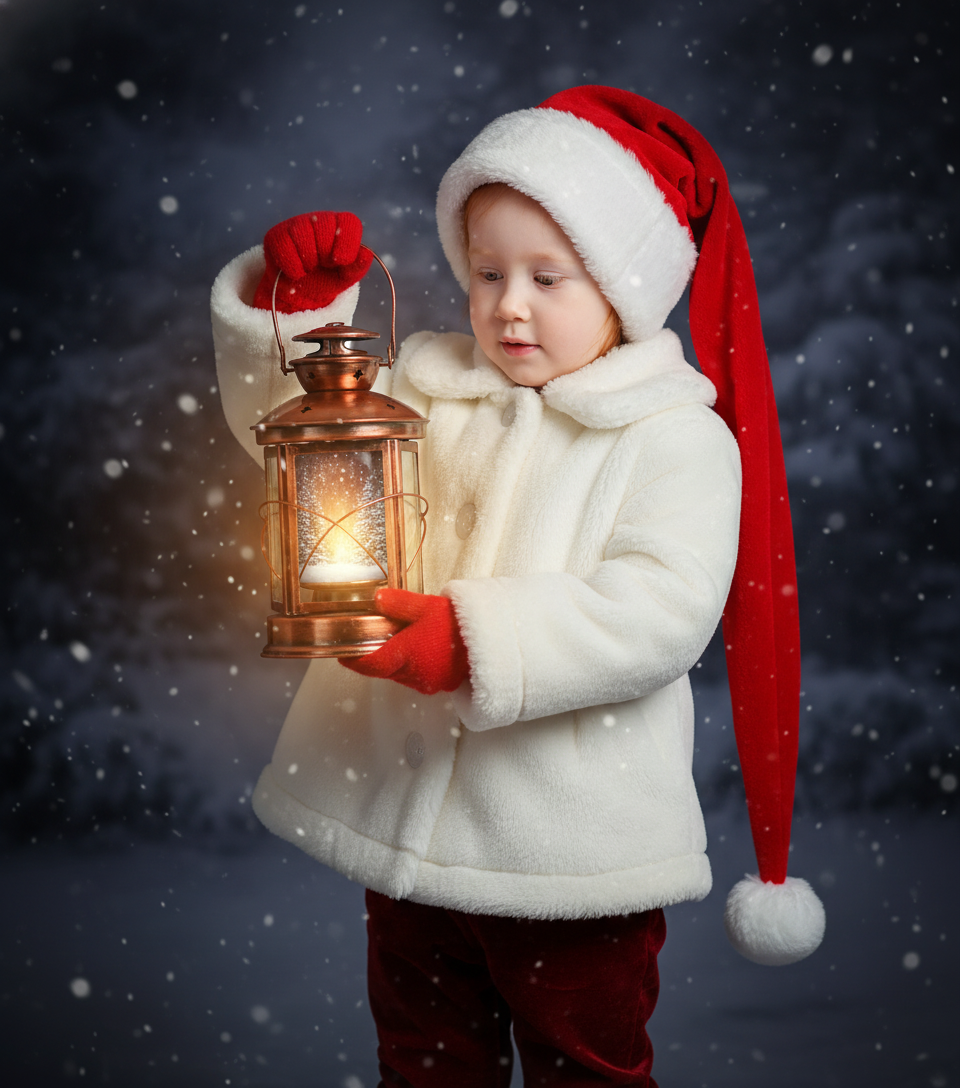 Создайте фотографию ребенка в разрешении 8K. Ребенок одет в белое зимнее пальто или куртку с белой меховой или шерповой подкладкой на воротнике, манжетах и ​​спереди. На нем брюки из темно-красного/бордового бархата или теплой ткани и красные варежки. На нем длинная, ярко-красная шапка в стиле Санта-Клауса, с длинным, доходящим до бедер кончиком, украшенным белым помпоном. В руках он держит старый медный фонарь, горящий ярким пламенем. Ребенок смотрит на фонарь с любопытством. Фонарь — темный, слегка размытый зимний лес или пейзаж, создающий волшебную и уютную атмосферу. От фонаря исходит мягкий, теплый свет. Портрет в студийном стиле, насыщенные цвета, малая глубина резкости. Идиллическая и праздничная зимняя фотография с мягким падающим снегом.  Сохраните черты лица человека на представленной фотографии.