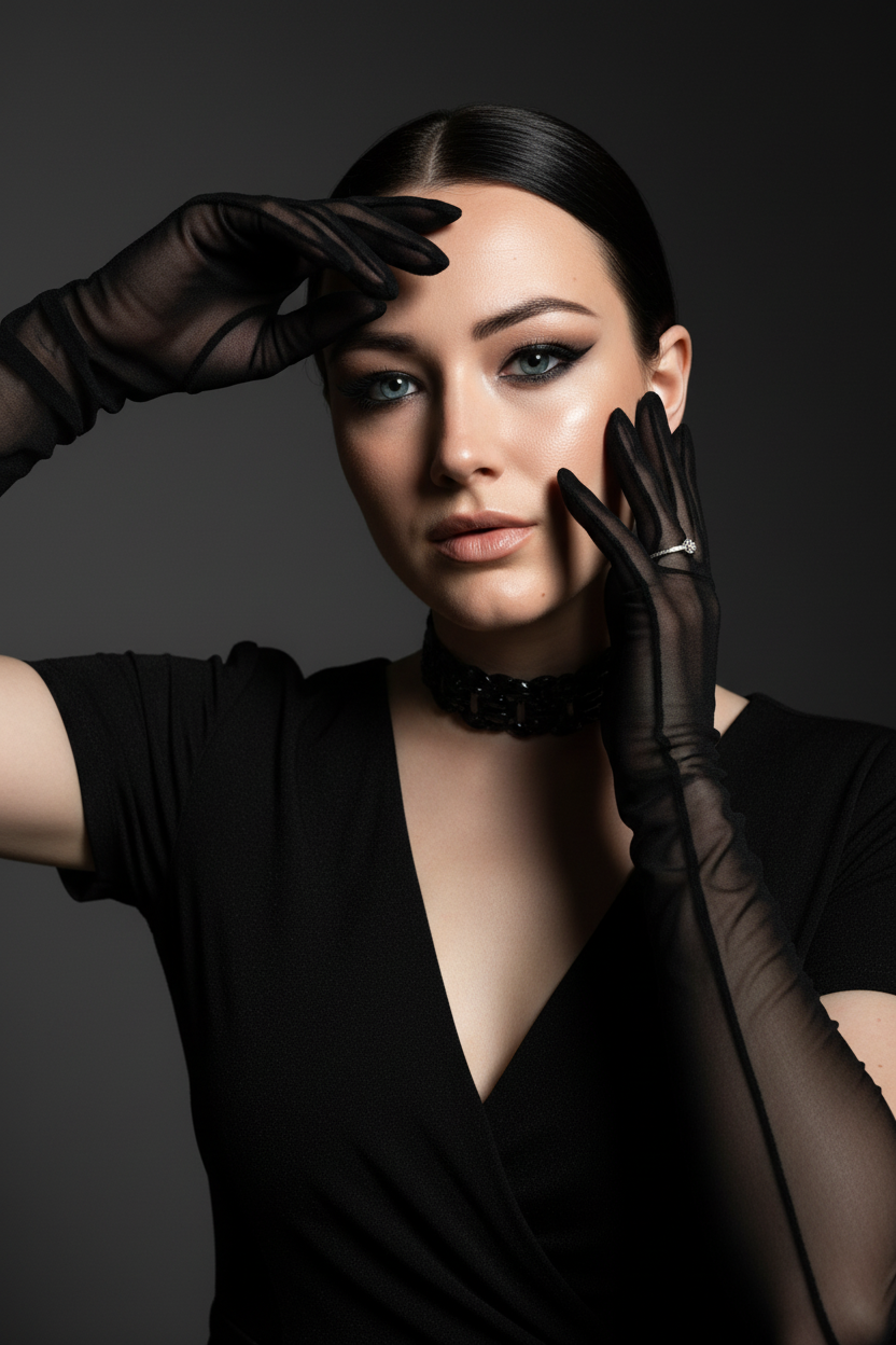 На моей фотографии крупным планом изображена гламурная женщина на темно-сером фоне, в прозрачных чёрных перчатках и чёрном платье. Она позирует, обрамляя лицо руками, отбрасывая на глаза эффектные тени. Яркий макияж глаз с аккуратной подводкой, гладкая и безупречная кожа, кинематографическое освещение, стиль высокой моды, атмосфера таинственности и соблазнительности. 