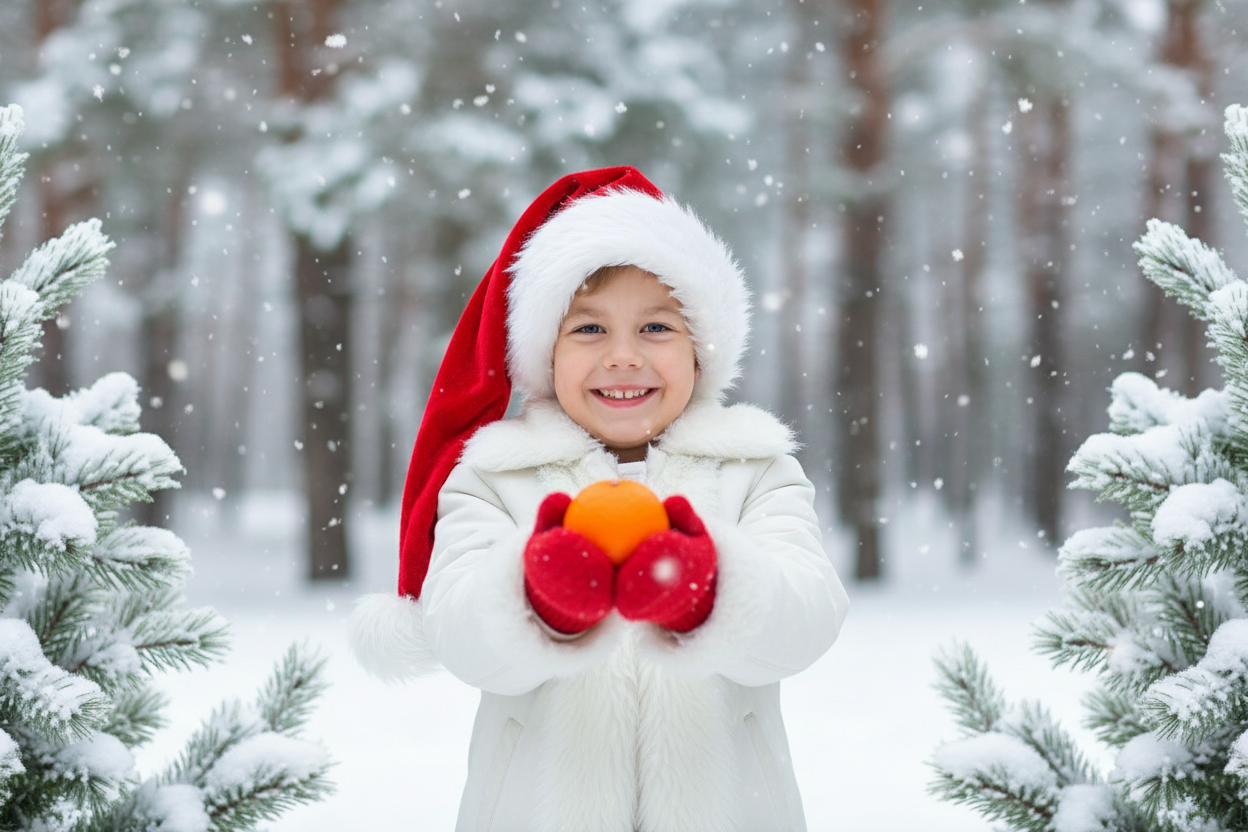 Создайте портрет улыбающегося ребенка в 8K-качестве, в длинной шапке Санты Клауса, красных варежках и белое зимнее пальто или куртка с отделкой и подкладкой из белого меха или шерпы на воротнике, манжетах и ​​спереди поверх. Ребенок протягивает в камеру мандарин. Справа и слева видны заснеженные сосновые ветки. На заднем плане — заснеженный лес. Это идиллическая и праздничная зимняя фотография с мягким падающим снегом. Bзображение передаёт нежное, игривое и немного волшебное ощущение. Сохраните черты лица человека на представленном фото.