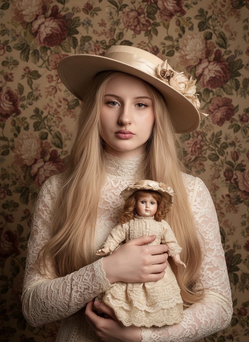  Crea una foto sin cambiar rasgos faciales Esta es una fotografía de estilo artístico, con una estética romántica, vintage o de cuento de hadas.
• Sujeto Principal: La imagen presenta a una joven (posiblemente una adolescente o niña mayor) de pelo largo, ondulado y rubio. Tiene una expresión algo melancólica o seria.
• Atuendo y Accesorios:
• Lleva un sombrero de ala ancha en color crema o beige claro, con una cinta alrededor de la copa y un adorno floral en el lateral.
• Viste un traje o vestido de estilo antiguo, probablemente de encaje o tela ligera en un tono pálido (blanco o crema), con detalles de encaje en el cuello y los puños.
• Está sosteniendo una muñeca que también lleva un sombrero y un vestido de encaje y seda, reforzando el tema de época.
• Fondo: La figura se sitúa frente a un papel tapiz o tela floral de estilo vintage, con un patrón denso de flores y hojas en tonos apagados de rojo, rosa, verde y beige.
• Estilo General: La iluminación es suave, y la composición y el vestuario sugieren un retrato fotográfico que evoca la época victoriana o eduardiana, o una interpretación moderna de la misma. El foco está nítidamente en la joven, mientras que el fondo está ligeramente suavizado.
Es una imagen que transmite una sensación de nostalgia, delicadeza y belleza etérea.