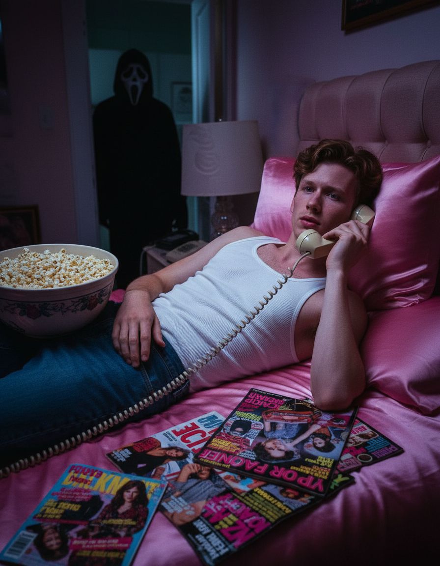 Эстетика Y2K, сцена из фильма 'Крик' 90-х. Мужчина лежит на кровати с атласными простынями розового цвета, прижимает к уху старинный телефон кремового цвета с длинным шнуром. Рядом миска с попкорном и разбросанные журналы 90-х. В дверном проёме в тени виднеется фигура Ghostface. Атмосфера напряжённая, мистическая, с ретро-настроением.