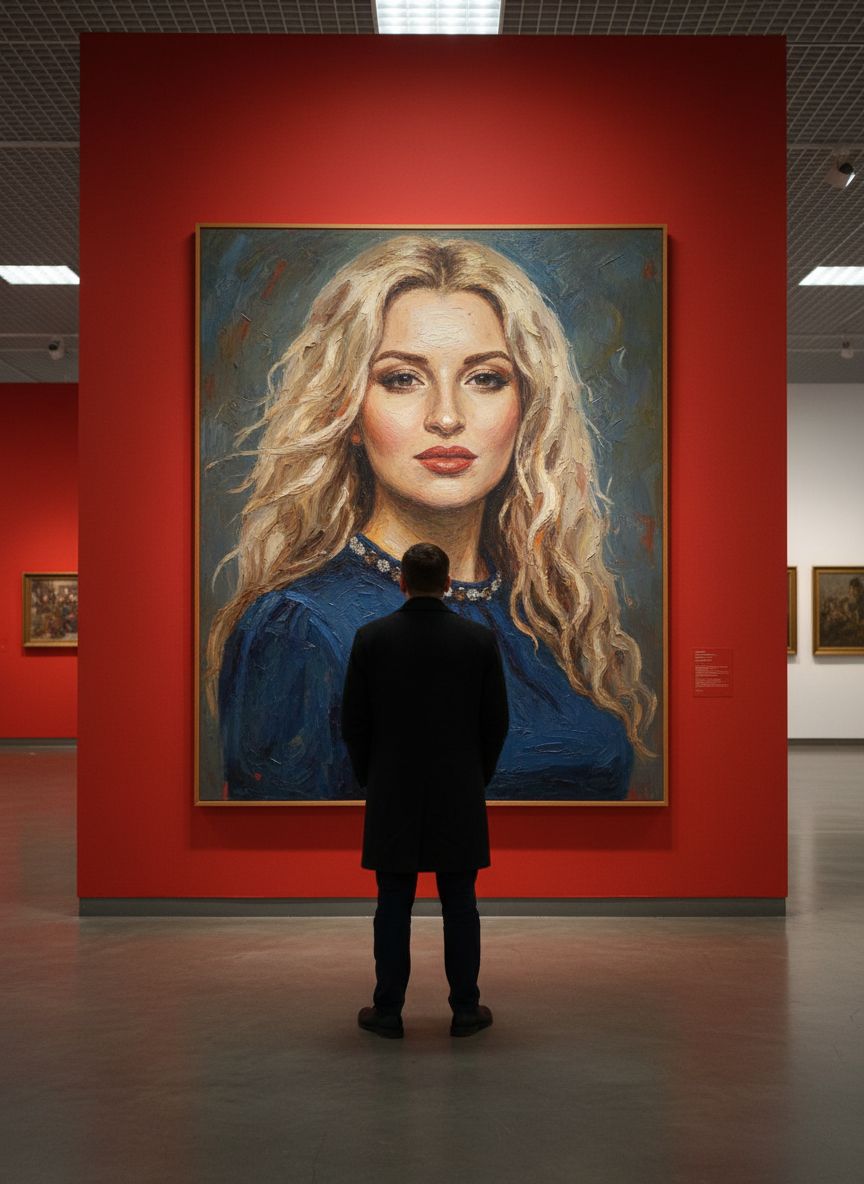 Создай сцену в галерее современного искусства, используй прилагаемое изображение лица и внешности человека, не меняя черты лица. На стене висит большой портрет человека маслом. Её лицо и верхняя часть тела написано в реалистичной, экспрессивной манере масленной живописи с текстурированными мазками и приглушенными цветами. Чистая красная стена галереи создаёт профессиональную атмосферу выставки благодаря мягкому освещению, освещающей произведения искусства. Перед картиной с видом сзади, стоит мужчина рассматривая картину, что придаёт сцену кинематографическое и таинственное настроение.