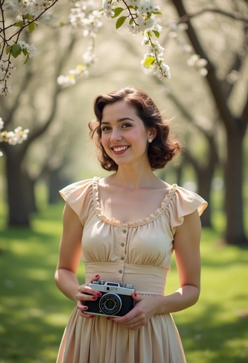 На фотографии изображена молодая женщина в светлом винтажном платье 40-х годов, стоящая в парке среди цветущих деревьев. Платье с пышной юбкой и небольшими рюшами, а на талии — широкий пояс. Её волосы уложены в аккуратные локоны, а в ушах — небольшие жемчужные серьги. Женщина улыбается и держит в руках чёрно-белую фотокамеру, создавая атмосферу лёгкости и свободы. Свет на фотографии яркий и радостный, играя на листьях деревьев и создавая мягкие тени на земле.