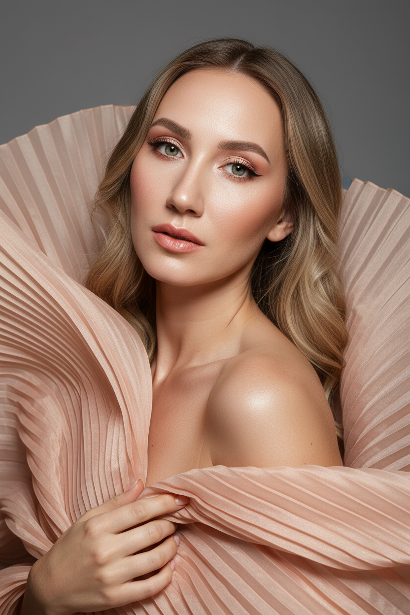    Создайте гиперреалистичный профессиональный студийный портрет женщины с волосами, уложенными на ровный пробор посередине, которые каскадом ниспадают на левое плечо (справа от зрителя) и частично скрыты за правым плечом (слева от зрителя). Камера снимается с немного низкого уровня глаз, глядя прямо на модель, охватывая ее от середины груди и выше. Голова слегка наклонена, взгляд прямой и притягательный.
Ее кожа безупречно гладкая и интенсивно сияет, словно подсвеченная мощным, сфокусированным источником света, подчеркивая мельчайшие поры и естественную текстуру кожи с сияющим, почти воздушным свечением, особенно в области декольте, плеч и верхних линий лица.

Её макияж тщательно проработан:
Глаза: чётко очерченные, ухоженные брови с заметными волосками, мягкие тени тёплых тонов (персиково-розовые и светло-коричневые) с лёгким мерцанием, чёткая чёрная подводка для глаз, создающая нежный кошачий взгляд, и идеально распущенные, объёмные ресницы, подчеркивающие каждую ресничку, с лёгким акцентом на нижних ресницах. Во внутреннем уголке глаза выделяется яркий блик. Радужки глаз отражают рассеянный студийный свет с изысканными узорами.
Щёки: лёгкий, растушёванный румянец натурального розового или персикового оттенка, изящно очерченные скулы и интенсивный, почти влажный блик на выступающих частях лица (скулы, переносица, дуга Купидона), создающий эффект увлажненности и сияния. Губы: губы нежного, естественного кораллово-розового или розово-персикового цвета с мягким атласным финишем, подчеркивающим тонкие естественные линии и текстуру губ, с лёгким бликом на дуге Купидона.

Она изящно одета в объёмную, струящуюся ткань с изящной плиссировкой, напоминающую прозрачный атлас или шёлк. Плиссированная ткань эффектно обрамляет фигуру, создавая объёмную, почти органичную форму, которая высоко поднимается за головой и огибает левое плечо (правое для зрителя), изящно струясь по груди и открывая обнажённые плечи. Материал обладает лёгким, сияющим блеском и мягкой полупрозрачностью, улавливая и отражая студийный свет, подчёркивая его роскошную текстуру и плавные движения. Складки очень детализированы, создавая глубокие тени и яркие блики, которые подчёркивают волнистую форму, а некоторые участки ткани также демонстрируют повышенную светоотражающую способность. Её правая рука (левая для зрителя) нежно касается ткани у груди, на ней видны ухоженные ногти. Освещение выполнено по принципу софтбокса, но с более сильным, концентрированным основным светом для создания интенсивного свечения, сохраняя при этом мягкие тени, которые подчёркивают черты её лица и изгибы плеч без резкости. Фон — гладкий, однотонный средне-серый, обеспечивающий чистый контраст и полностью фокусирующийся на модели. Общее впечатление — утончённая элегантность, изящество и гиперреалистичная детализация, передающая каждый нюанс её красоты, выражения лица и сложную текстуру её волос, кожи и одежды. Черты лица и особенности её внешности должны быть точно воспроизведены с референсной фотографии. Плиссированная ткань нежного, приглушённого персикового или пыльно-розового цвета