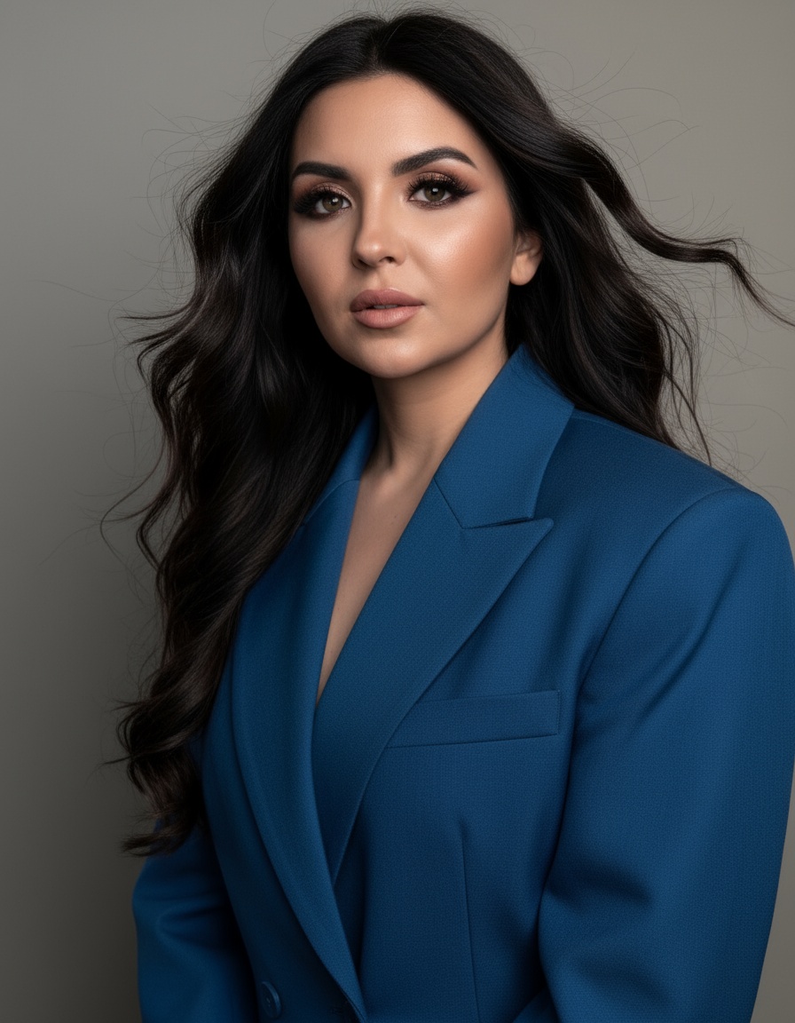  Гиперреалистичная модная фотография, портретом крупным планом,элегантная женщина-, слегка развивающими на ветру волосами, без сережек
, в негабаритном структурированном голубом пиджаке, фото портретом, уверенная позиция, минималистский чистый студийный фон  с мягким нейтральным освещением, , изысканная авангардная редакционная атмосфера, современный стиль журнала, 85-миллиметровый объектив f/2.0, средний формат --p cz2pqao