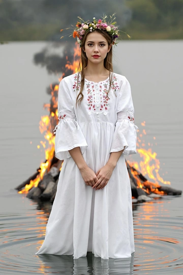 Юная женщина стоит прямо в воде по щиколотку, одета в длинную белую хлопковую платье с широкими рукавами и цветочной вышивкой. На голове венок из полевых цветов и трав. Она смотрит в камеру, сцепив руки перед собой, за спиной горит костёр.
