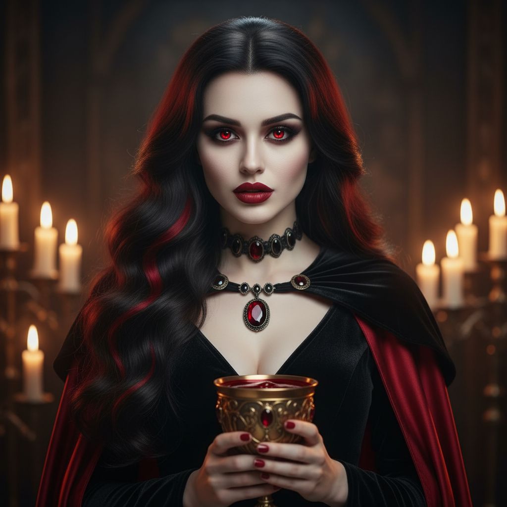 Создайте ультрареалистичный кинематографический портрет королевы вампиров с каскадом волнистых, темно-черных волос, ниспадающих по ее спине, угольно-черных, подчеркнутых глубокими багровыми прядями. Ее кожа фарфорово-бледная, с четкими контурами и малиновой матовой помадой. Ее глаза светятся потусторонним красным светом, обведенные густыми дымчатыми тенями для век. На ней темное бархатное платье с глубоким вырезом, закутанное в плащ с подкладкой из кроваво-красного шелка. На ее шее покоится черный чокер, украшенный обсидианом и рубинами. В руках она держит богато украшенный золотой кубок, наполненный багровой жидкостью. Окружение сияет атмосферой свечей. Не меняйте черты лица.