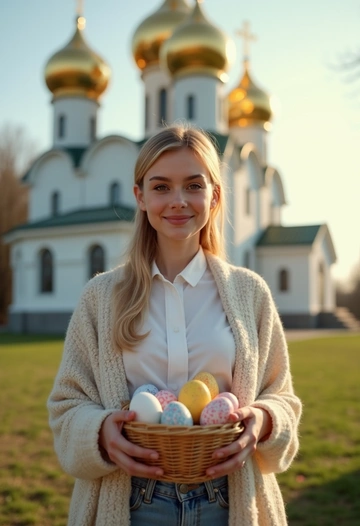 Женщина в светлом платке и пастельном платье стоит у православного храма, её руки держат корзину с пасхальными куличами и крашеными яйцами. Она смотрит прямо в камеру с тёплой улыбкой, а позади золотые купола церкви сверкают на солнце. Крупный план, акцент на праздничной радости и духовности момента.
