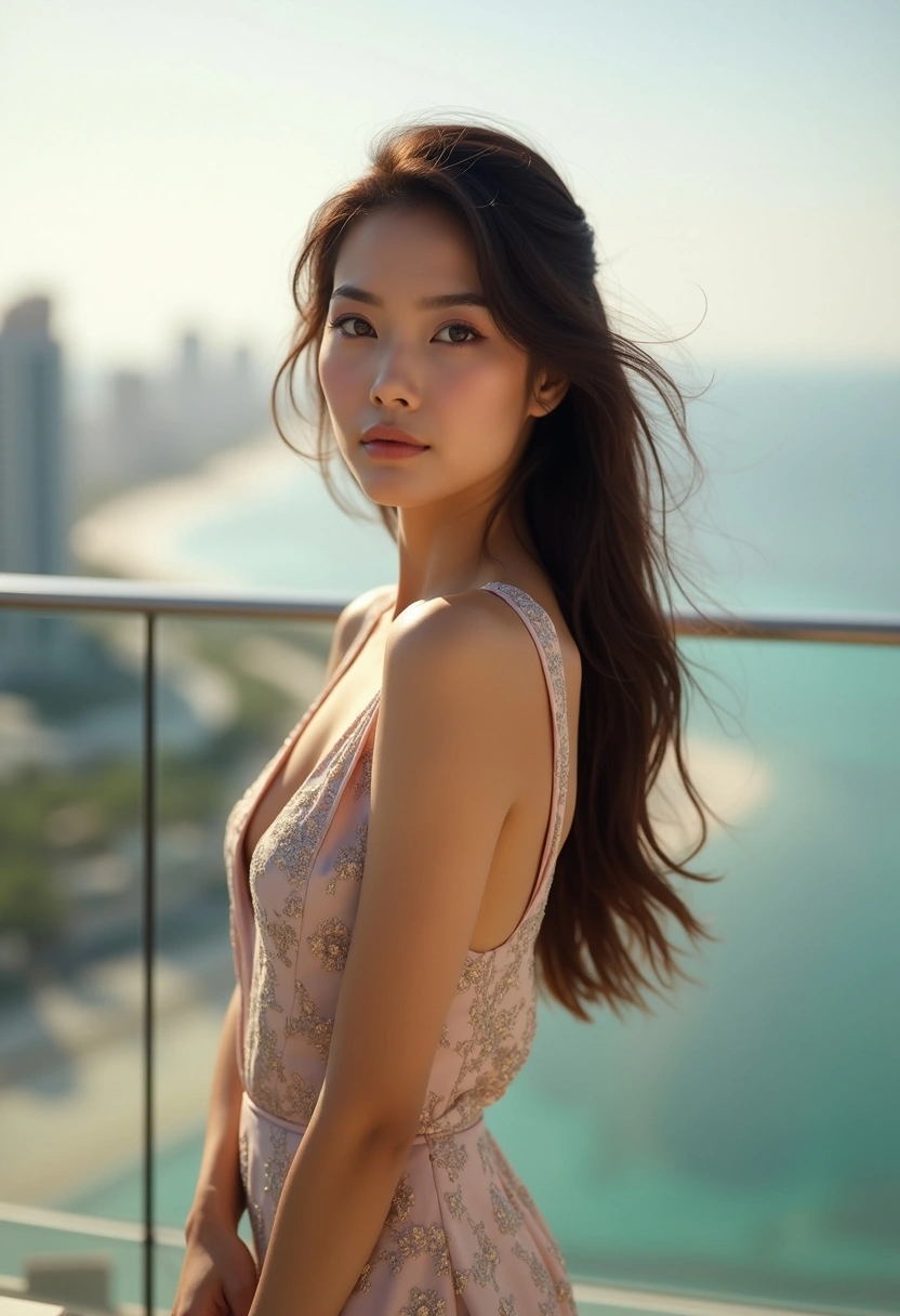 Сәнді көйлек киген әйел Palm Jumeirah көрінетін террасада тұр, тура камераға қарайды, айналасында сәнді көрініс бар.
