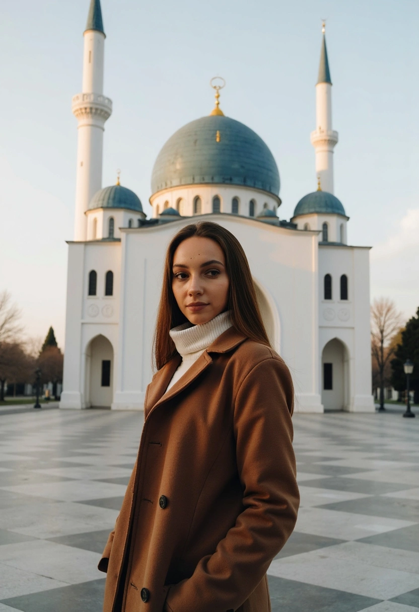 Женщина в пальто стоит на фоне мечети Кул-Шариф с её белоснежными стенами и голубыми куполами, смотрит прямо в камеру