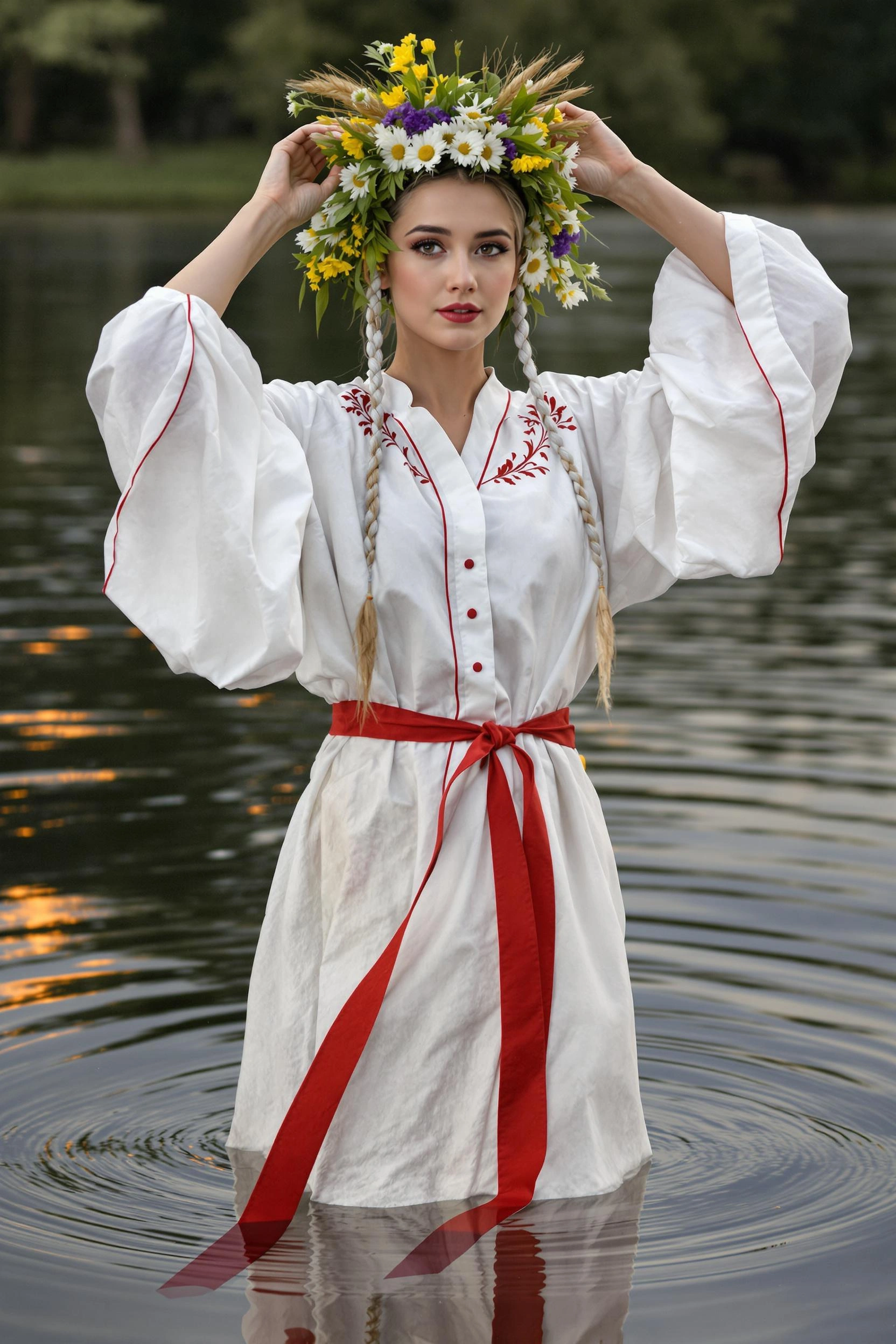 Юная женщина стоит в воде по колено, одета в длинную белую хлопковую рубаху с широкими рукавами и алым вышитым поясом. На голове — венок из ромашек, васильков и пшеницы. Она смотрит в камеру, подняв обе руки к венку, костёр отражается в воде за её спиной.