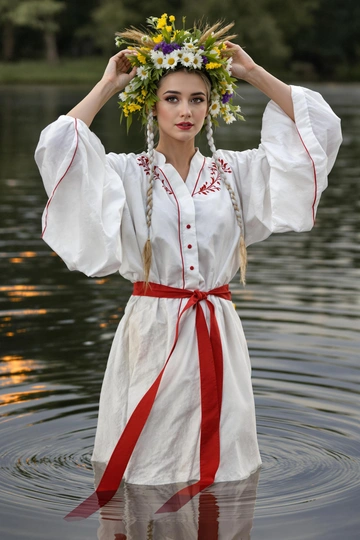 Юная женщина стоит в воде по колено, одета в длинную белую хлопковую рубаху с широкими рукавами и алым вышитым поясом. На голове — венок из ромашек, васильков и пшеницы. Она смотрит в камеру, подняв обе руки к венку, костёр отражается в воде за её спиной.