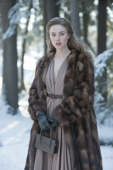 Женщина в зимнем заснеженном лесу в длинной соболиной шубе глубокого шоколадного оттенка, под шубой бежевое атласное платье с поясом на талии. Стоит в развороте к камере, смотрит прямо, лицо с легким естественным макияжем, волосы распущены. В руках маленькая кожаная сумка, образ элегантный и женственный.