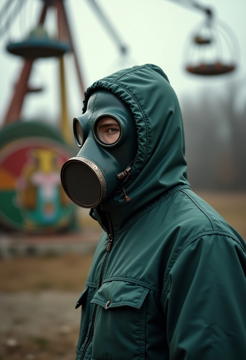 Мужчина в противогазе на фоне ржавых аттракционов парка развлечений в Припяти