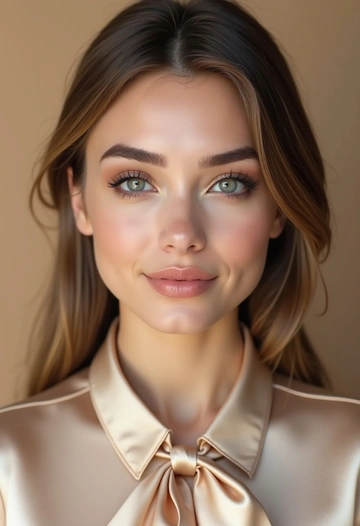 Женщина с идеально прорисованными густыми бровями, мягким smoky eyes в серо-бежевых тонах и губами нежного бежево-персикового оттенка. Её одежда — шёлковая блуза бежевого оттенка с бантом у воротника. Фон — бежевая циклорама, идеально сочетающаяся с оттенками её профессионального макияжа.