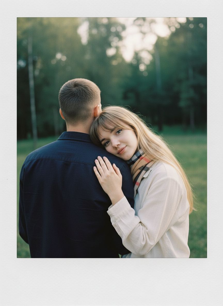 Take a picture with a Polaroid camera. the photo should look like a normal photo, without any clear subject or props. The photo should have a consistent light source such as a flash from a dark room, spread throughout the photo. Do not change the faces. Replace the background behind the two people with a white curtain. Используй ДВА загруженных фото: мужчина и женщина. Не изменяй лица исходных фото (черты, пропорции, возраст, мимику). Сохраняй естественные телосложения. Очки и аксессуары сохраняй только если есть на исходниках. Делай реалистичную перспективу и тени, избегай «пластиковости». Полароид снимок. Нежный портрет: мужчина повернут спиной к камере по плечи, женщина положила голову и кисть на его плечо и смотрит в объектив. Съемка на природе, ровный мягкий дневной свет, фон размытый. Одежда — у него темная рубашка, у нее светлая блуза. Не изменяй лица исходных фото.