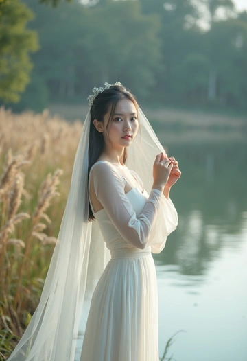 Ұзын жеңді жеңіл көйлек киген қалыңдық көл жағасында тұр, бейнесі суда көрініс тапқан. Ол жанға қарап тұр, қолдары фатаға тиіп тұр. Артында қамыстар мен желмен тербелген ағаштар. Жұмсақ жарық, табиғилық пен үйлесімдікті көрсетеді.