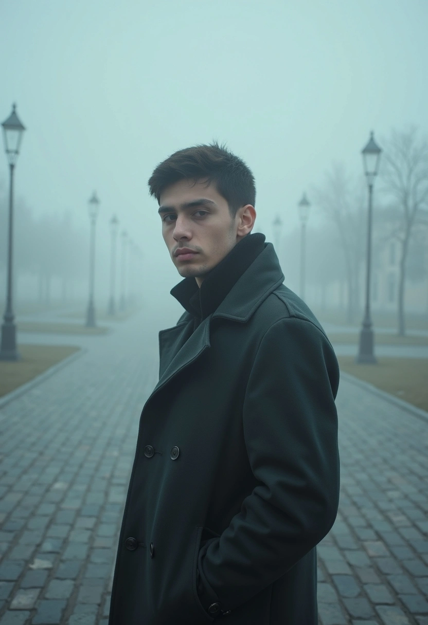 Қалың тұманның ортасында, бос алаңда бір адам тұр. Ол қалың пальто киіп, камераға қарап тұр. Тұман ауада сиқырлы сезім беріп, айналаны жұмбақ күйге бөлеген. Жарық нәзік, атмосфералық тартымдылықты арттырады.