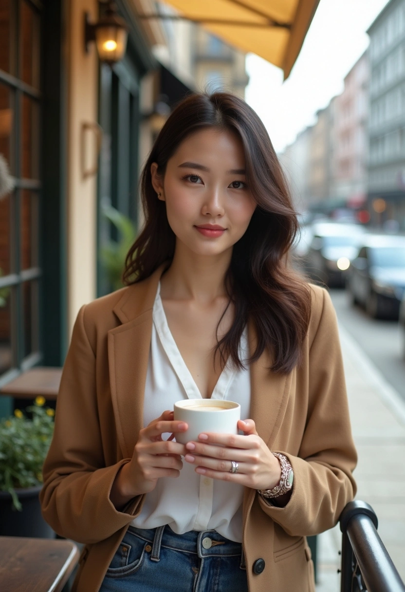 Кофе ұстаған әйел ашық кафенің террасасында тұр, камераға қарайды, артында қарбалас қалалық қиылыс