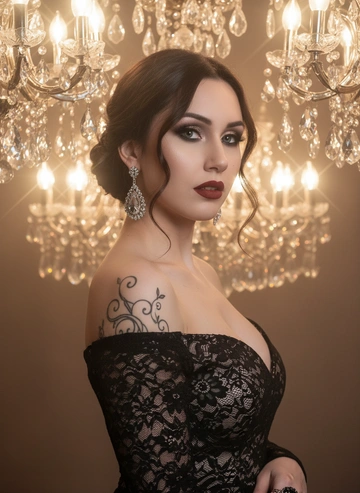 Не меняя внешности женщины с фото, сцена пронизана интимным, слегка туманным светом, исходящим от многочисленных хрустальных люстр, чьи искрящиеся подвески создают мягкие блики и отражения, наполняя атмосферу роскошью и загадочностью. Женщина стоит в полуповороте, ее лицо обращено к камере с лёгким акцентом на выразительные темные глаза, украшенные ярким, тщательно растушёванным макияжем и длинными густыми ресницами. Её губы, подчеркнутые насыщенным матовым оттенком, слегка приоткрыты, словно она вот-вот произнесёт важные слова. Образ дополняют большие серьги с подвесками, контрастирующие с тёмными выбившимися локонами из её собранной в низкий небрежный пучок прически, частично скрытой в полумраке. Наряд женщины — черное кружево с заметной плотной текстурой, обнажающее плечи и подчеркивающее глубокое декольте, придавая образу аллюзию изысканности и соблазна. На левом плече видна нежная, частично скрытая тенью татуировка, тонко обвивающая руку, а на пальце блестит массивное кольцо, ловя свет и добавляя гламурный акцент. Его присутствие усиливает игру света и тени на коже, делая картину живой и объемной. Взгляд женщины сосредоточен и неспешен, она будто проникает за пределы кадра, создавая интригу и ощущение истории, скрытой за этим моментом. Композиция построена таким образом, что люстра служит не только элементом освещения, но и выделяет силуэт и черты модели, обрамляя её фигуру(девушка худая, грудь маленькая) и придавая сцене воздушную глубину. Теплый оттенок света мягко обволакивает кожу и кружево, делая акценты на бархатистости и деталях ткани, что раскрывает богатство текстур и контрастов. Вся визуальная среда пропитана атмосферой напряженного ожидания и выразительного подчёркнутого гламура, заставляя зрителя проникнуться утонченностью момента и загадочностью ее образа, фотореалистичное изображение, высокая текстурная детализация, высокое качество, разрешение 8K.
Эстетика роскоши, высокое разрешение,гиперреализм, текстура детально проработаны. Dramatic studio lighting, chiaroscuro, high contrast. Quality: 8k, hyper-realistic, highly detailed textures.