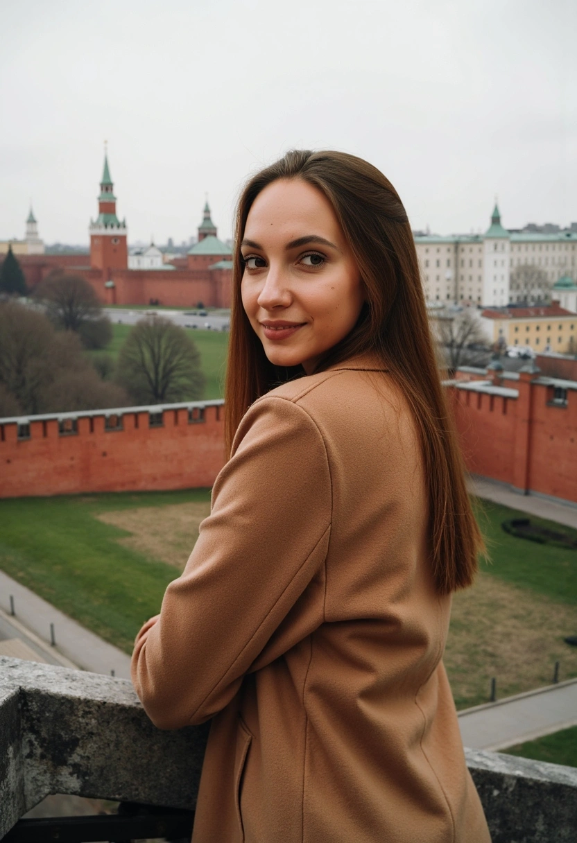 Женщина в тёплом пальто стоит на фоне старинных укреплений кремля, позади видны зелёные склоны и городская панорама, смотрит прямо в камеру