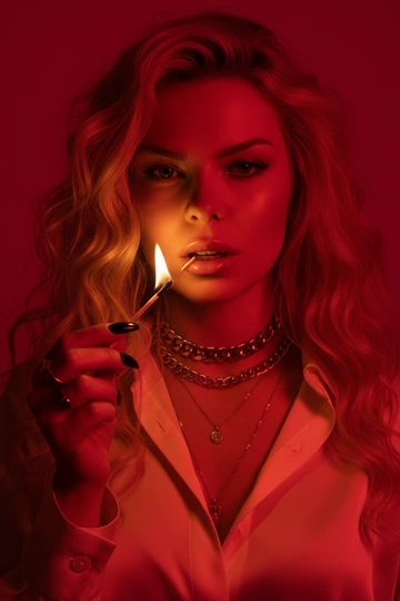 Используйте черты лица, как на прилагаемой фотографии.
смелый, кинематографичный портрет женщины, залитой темно-красным светом, которая подносит к губам зажженную спичку. Теплый отблеск пламени подчеркивает ее блестящие губы и создает эффектный отблеск на коже.
ее выражение ее лица напряженное и пленительное, обрамленное взъерошенными волосами, которые свободно ниспадают на лицо. На ней светлая рубашка и многослойные украшения, в том числе металлическая цепочка и крупные кольца. На ее длинных черных ногтях отражаются едва заметные блики света, усиливая мрачную, чувственную атмосферу. Красный фон и сдержанные тени придают глубину и визуальное напряжение, создавая эффектный образ в редакционном стиле.

Настройки камеры: iso 400, диафрагма f/2.0, выдержка затвора 1/160 сек, объектив 85 мм, ручная фокусировка, баланс белого 2800k, коррекция экспозиции -0,3 ev, подсветка одиночным пламенем с красной заливкой, минимальная зернистость, кинематографическое высококонтрастное освещение с плавными тональными переходами.