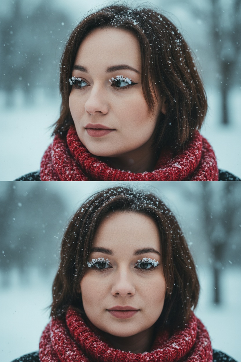 Создай коллаж из двух кадров человека, снятых крупным планом на улице зимой. Камера расположена близко, чтобы в кадре были видны лицо, шея и часть одежды. Главный акцент — на лице, глазах и снежинках, которые легли на волосы и ресницы.

Освещение мягкое, естественное, как в пасмурный зимний день. Вокруг падает лёгкий снег, отдельные снежинки чётко видны в воздухе и на коже. Фон — мягко размытый, с холодными оттенками (бело-голубой, серо-синий).

Первый кадр — человек смотрит в сторону, выражение мягкое, задумчивое, естественное. Крупный план лица, видно часть красного шарфа.
Второй кадр — прямой взгляд в камеру, нейтральное или лёгкое выражение лица, ресницы в снегу. Крупный план лица, видно часть красного шарфа.

Кожа чистая и естественная, без ретуши, текстура лица и губ сохранена. Фото выглядят как профессиональная зимняя портретная съёмка крупным планом, с эффектом свежести и спокойствия.

Оба кадра объединены в вертикальный коллаж в едином тоне и свете. Атмосфера — реалистичная, теплая и немного кинематографичная.