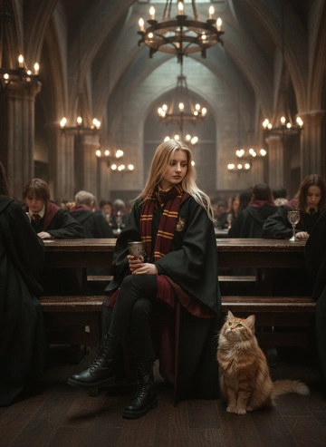  Фотография сделана в большом зале с длинными деревянными столами и скамьями, заполненными людьми в черных мантиях. В зале высокие потолки с висящими люстрами. Снимок, кажется, сделан в стилистике кадра из фильма. Атмосфера таинственная и волшебная, цветовая гамма в основном темная, с преобладанием коричневых и черных тонов, разбавленная светом от люстр.

Женщина сидит на скамье, немного отвернувшись от камеры. Она одета в черную мантию с бордовой подкладкой и полосатый шарф в бордово-золотых тонах. На ней также надеты черные брюки и ботинки. В руках она держит серебряный кубок. Рядом с ней на полу сидит рыжий пушистый кот, смотрящий вверх. Поза женщины расслабленная, она слегка наклонена вперед, как будто задумалась.