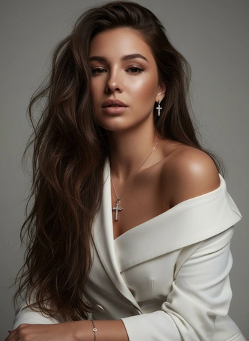 Создайте ультрареалистичную фотографию с мягкой и освещенной загорелой кожей, атласной отделкой и естественным блеском, где девушка смотрит прямо в камеру.Супер длинные нерегулярные волосы, Спокойное и чувственное выражение лица.Она носит серебреннве серьги-крестикии простой серебряный браслет на запястье, на шее кулон в виде крестика со стразами на тонкой серебряной цепочке. Фон нейтральный в светло-сером тоне, с темным и целенаправленным низким угловым освещением, которое улучшает контур лица, контур кожи и объем волос. Стиль редактирования красоты высокой моды, четкий фокус 8K, реалистичная текстура кожи, плавная глубина резкости и изысканная и элегантная атмосфера. На девушке белый классический костюм одно плече немного приспущено.