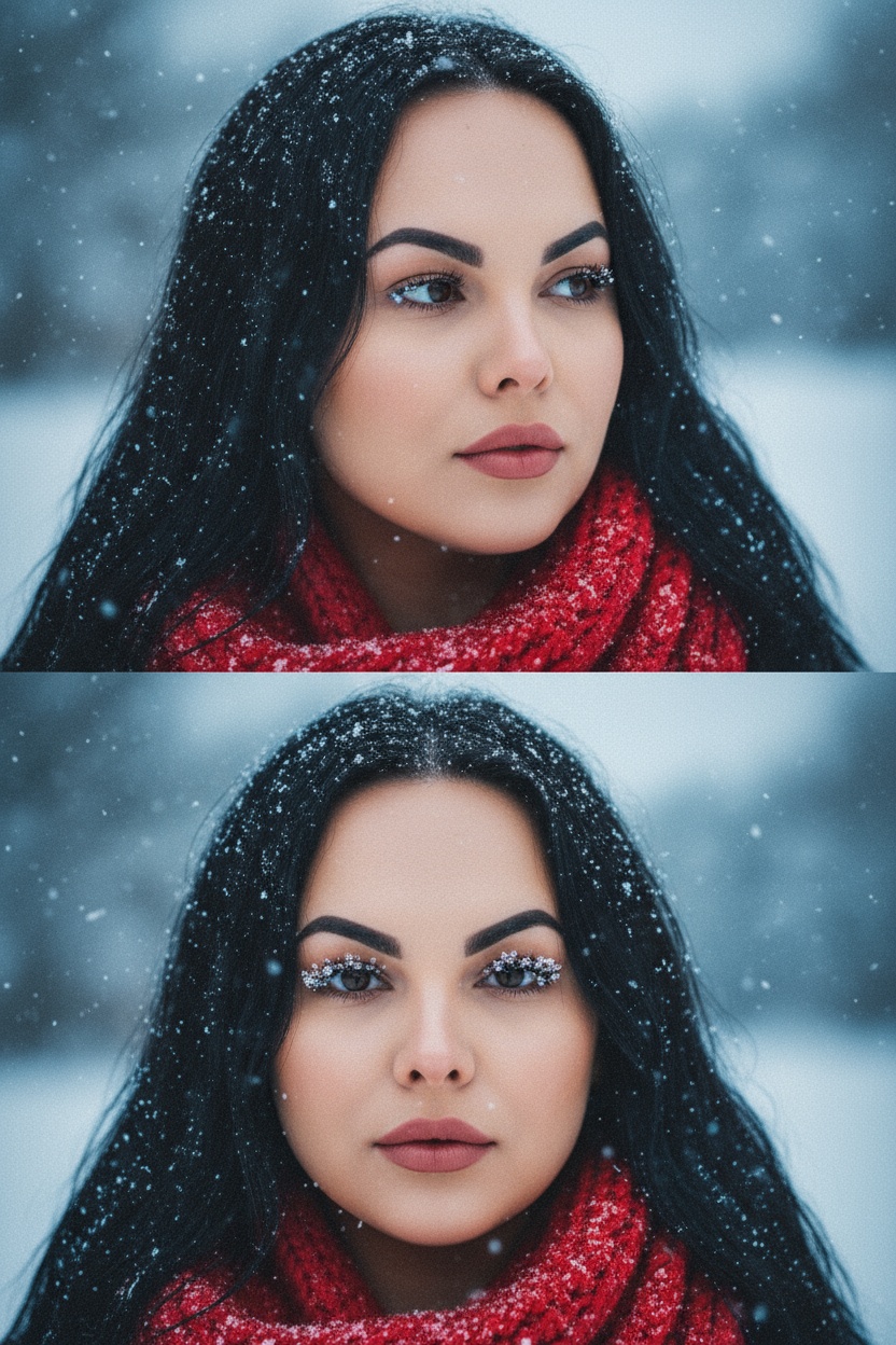 Создай коллаж из двух кадров человека, снятых крупным планом на улице зимой. Камера расположена близко, чтобы в кадре были видны лицо, шея и часть одежды. Главный акцент — на лице, глазах и снежинках, которые легли на волосы и ресницы.

Освещение мягкое, естественное, как в пасмурный зимний день. Вокруг падает лёгкий снег, отдельные снежинки чётко видны в воздухе и на коже. Фон — мягко размытый, с холодными оттенками (бело-голубой, серо-синий).

Первый кадр — человек смотрит в сторону, выражение мягкое, задумчивое, естественное. Крупный план лица, видно часть красного шарфа.
Второй кадр — прямой взгляд в камеру, нейтральное или лёгкое выражение лица, ресницы в снегу. Крупный план лица, видно часть красного шарфа.

Кожа чистая и естественная, без ретуши, текстура лица и губ сохранена. Фото выглядят как профессиональная зимняя портретная съёмка крупным планом, с эффектом свежести и спокойствия.

Оба кадра объединены в вертикальный коллаж в едином тоне и свете. Атмосфера — реалистичная, теплая и немного кинематографичная.