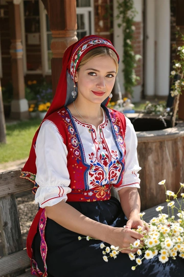 Молодая женщина в расшитом красно-синем сарафане с белой рубахой и традиционным платком на голове сидит на деревянной скамье возле колодца, плетёт венок из ромашек, но внимательно и дружелюбно смотрит прямо в камеру. Летнее солнце, акцент на лице и наряде.