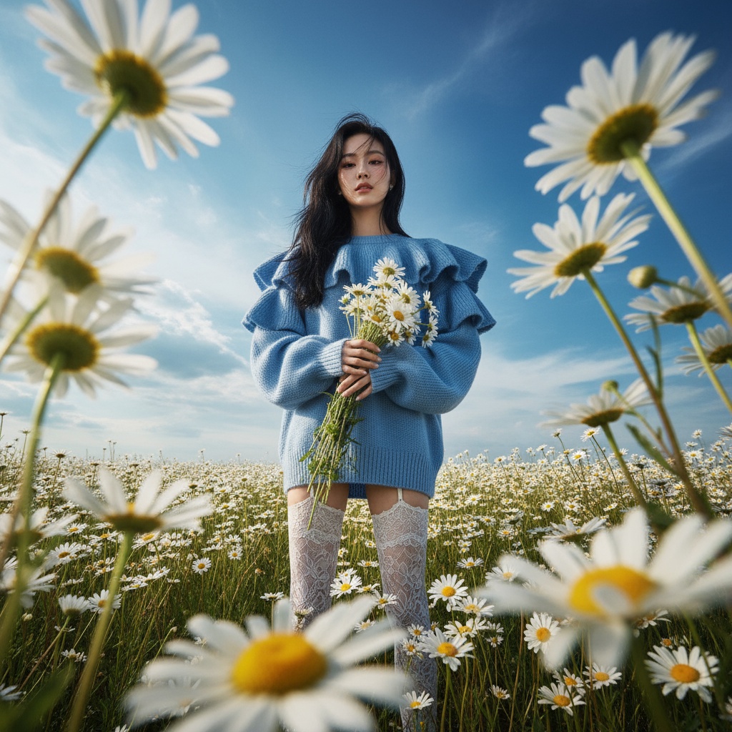  : High-fashion Vogue editorial photograph, shot from an extreme low
angle through clusters of wild daisies in the foreground, with blurred
stems and petals framing the lens in an artistic composition. A stunning
South Korean woman in her mid-20s stands gracefully in the meadow,
long black hair tousled by the breeze, soft strands falling across her
luminous forehead. She wears a voluminous, oversized light-blue ruffled
sweater styled as a statement piece, paired with delicate white lace
thigh-high stockings, blending romantic softness with bold modern
fashion. Inher hands, she holds a bouquet of fresh daisies, the florals
echoing the field around her. The meadow stretches out in the
background --dense white daisies swaying beneath a vivid azure sky
painted with glowing clouds. Lighting is natural but styled to feel
editorial: bright daylight softened by foreground blooms, producing
ethereal flares, airy haze, and sculpted shadows that flatter her figure
The image feels intentional and artistic, with elegant framing, crisp
details, and painterly tones. A dreamy yet sophisticated visual,
balancing the organic beauty of nature with couture styling. Captured on
Leica SL2+ APO-Summicron-SL 90mm f/2, IS0 100, f/2, 1/250 sec
Vertical 9:16 aspect ratio