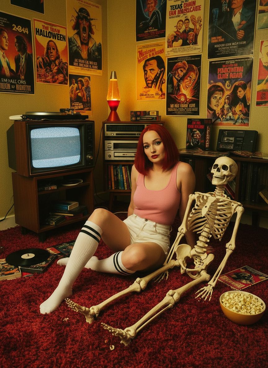 Ретро-сцена в стиле хоррор. Женщина в розовом топе и белых шортах и носках сидит на пушистом ковре рядом с анатомическим скелетом. На фоне винтажная комната с постерами фильмов ужасов, старым телевизором и аудиотехникой. Атмосфера странная, ироничная, с лёгким оттенком черного юмора и ретро-эстетики