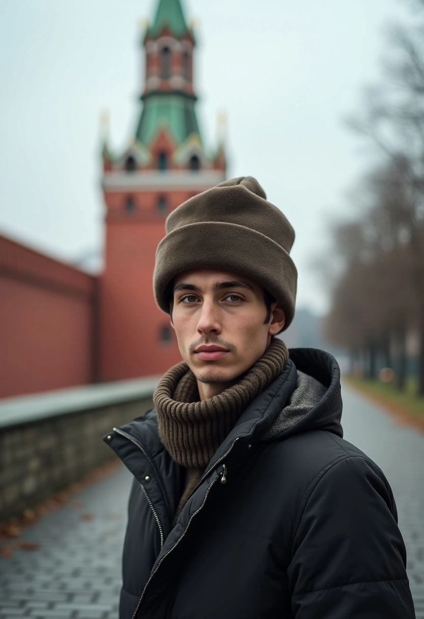 Мужчина в шапке-ушанке стоит у каменной стены кремля с видом на башню Сююмбике, смотрит прямо в камеру, позади видны её узнаваемые уровни