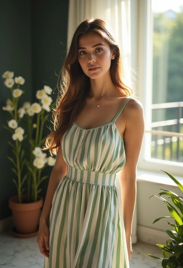Күн сәулесі жұмсақ түсетін бөлмеде, ақ-жасыл жолақты көйлегімен жас қыз камераға күлімдеп қарайды. Жанында гүлді өсімдік, артқы жағында терезеден кірген жарық көрінеді. Полароид стилі, мәрмәр еден және қабырға қою түсте.