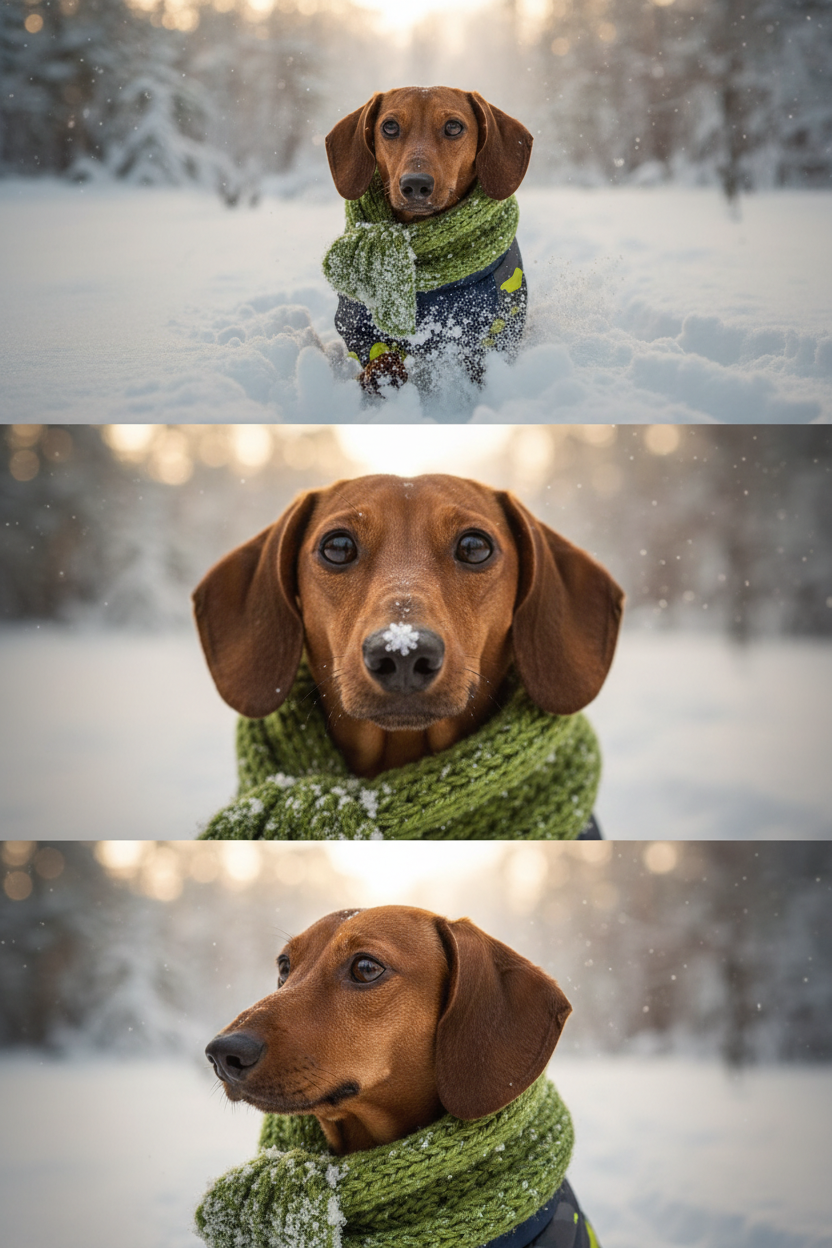     Коллаж из 3-Х фото моего питомца на зимнем фоне в снегу. Питомец в вязаном шарфе, вокруг падает снег, на заднем плане заснеженный лес.

Первый кадр — питомец в полный рост. Он играется со снегом 

Второй кадр — крупный план, увеличенный кадр мордочки питомца с одной снежинкой на носике. Мордочка питомца занимает весь кадр, взгляд прямо в камеру 
 
Третий кадр - портрет питомца, он смотрит в левую сторону. На фото виден шарф, на шарфу есть снежинки 

Три кадра объединены в вертикальный коллаж в едином тоне и свете. Атмосфера — реалистичная, теплая и немного кинематографичная.
Свет мягкий, утренний. Цвет шарфа - зеленый