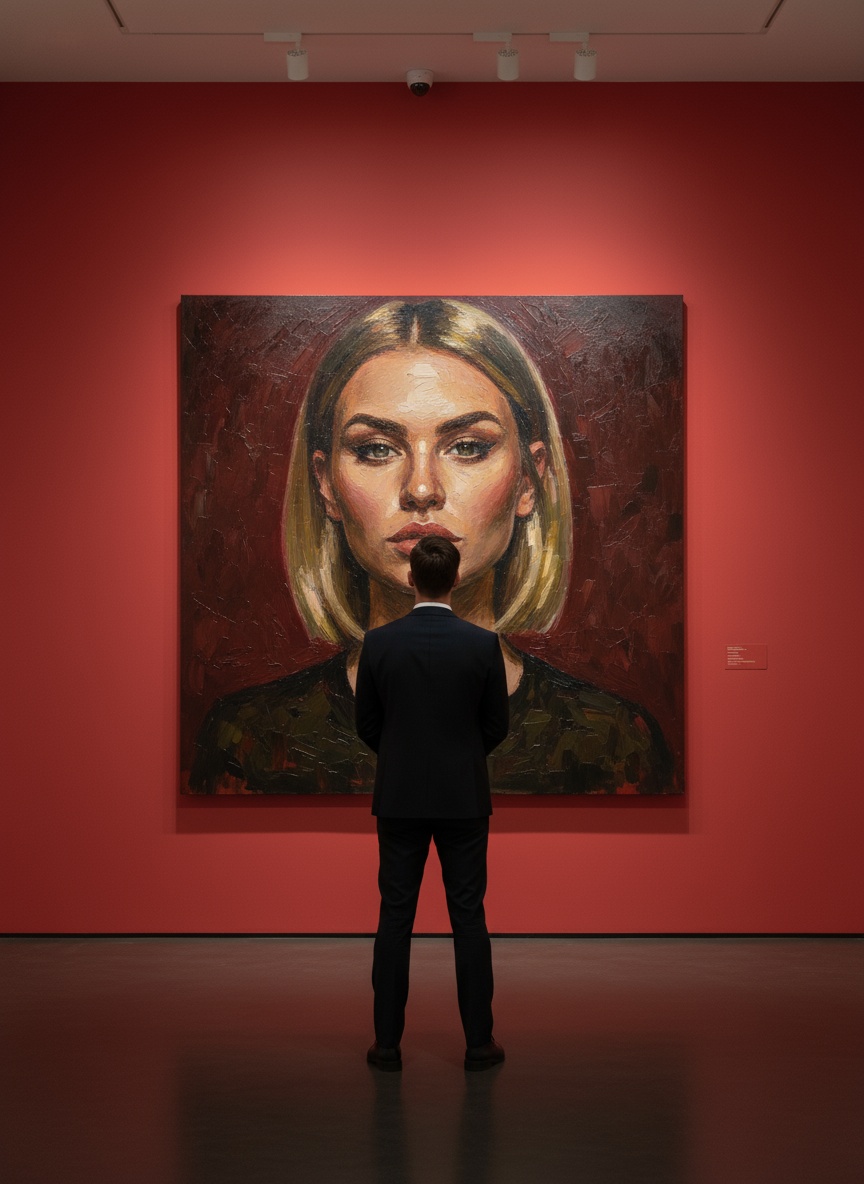 Создай сцену в галерее современного искусства, используй прилагаемое изображение лица и внешности человека, не меняя черты лица. На стене висит большой портрет человека маслом. Её лицо и верхняя часть тела написано в реалистичной, экспрессивной манере масленной живописи с текстурированными мазками и приглушенными цветами. Чистая красная стена галереи создаёт профессиональную атмосферу выставки благодаря мягкому освещению, освещающей произведения искусства. Перед картиной с видом сзади, стоит мужчина рассматривая картину, что придаёт сцену кинематографическое и таинственное настроение.