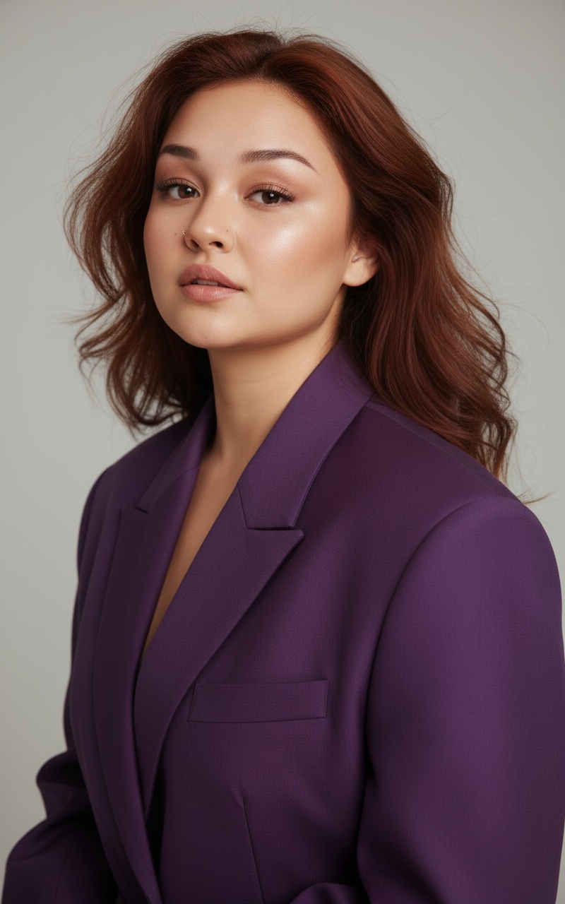  Гиперреалистичная модная фотография, портретом крупным планом,элегантная женщина-, слегка развивающими на ветру волосами, 
, в негабаритном структурированном феолетовом пиджаке, фото портретом, уверенная позиция, минималистский чистый студийный фон  с мягким нейтральным освещением, , изысканная авангардная редакционная атмосфера, современный стиль журнала, 85-миллиметровый объектив f/2.0, средний формат --p cz2pqao