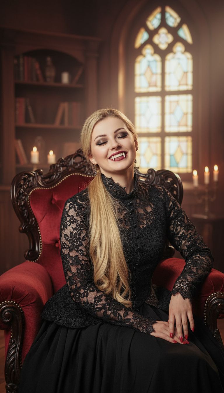 Готический портрет в винтажной обстановке. Женщина в чёрном наряде с кружевными элементами сидит на старинном кресле. На лице яркий макияж с акцентом на глаза и губы, видны клыки вампира. Выражение лица радостное, с лёгкой улыбкой и закрытыми глазами. Атмосфера тёплая, мистическая, с мягким светом и ретро-настроением.