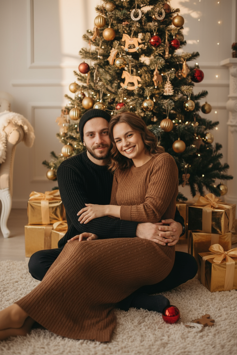 Используй предоставленные изображения и создай фото из домашней новогодней фотосессии. Не меняйте черты лица. . В кадре мужчина и женщина, они сидят на полу в обнимку, улыбаются и смотрят в камеру. Мужчина обнимает женщину сзади за талию. На женщине надето вязаное длинное платье с длинными рукавами. На мужчине вязаный свитера и штаны. На заднем плане стоит наряженная елка с игрушечными шарами, игрушечными лошадками, игрушечными подковами. Под елкой разложены подарочные коробки, перевязанные золотыми лентами. Рядом с парой лежат несколько елочных игрушек как на елке. Фотография выполнена в теплой цветовой гамме. Атмосфера уютная и праздничная. Цвет платья девушки- коричневый, цвет свитера и штанов мужчины - черный.