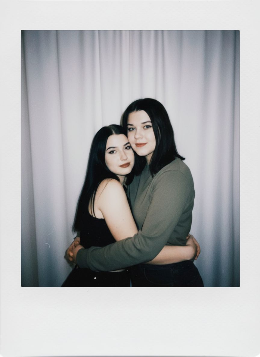 Take a picture with a Polaroid camera. the photo should look like a normal photo, without any clear subject or props. The photo should have a consistent light source such as a flash from a dark room, spread throughout the photo. Do not change the faces. Replace the background behind the two people with a white curtain. Люди на фото обнимаются.