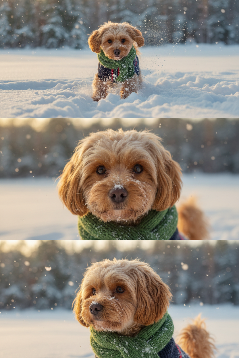     Коллаж из 3-Х фото моего питомца на зимнем фоне в снегу. Питомец в вязаном шарфе, вокруг падает снег, на заднем плане заснеженный лес.

Первый кадр — питомец в полный рост. Он играется со снегом 

Второй кадр — крупный план, увеличенный кадр мордочки питомца с одной снежинкой на носике. Мордочка питомца занимает весь кадр, взгляд прямо в камеру 
 
Третий кадр - портрет питомца, он смотрит в левую сторону. На фото виден шарф, на шарфу есть снежинки 

Три кадра объединены в вертикальный коллаж в едином тоне и свете. Атмосфера — реалистичная, теплая и немного кинематографичная.
Свет мягкий, утренний. Цвет шарфа - зеленый