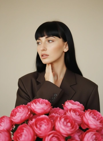 Среднекрупный портрет молодой женщины, обворожительная поза. Девушка в темно-коричневом оверсайз жакете стоит на фоне однотонной светло-бежевой стены. Волосы как на фото, чёлка как на фото, нос с небольшой горбинкой, черты лица не менять. Правая рука изящно касается шеи. Она смотрит в сторону, кокетливое выражение лица, губы приоткрыты. На переднем плане, внизу кадра, расположен огромный, пышный букет ярко-розовых пионовидных роз.
Теплое, мягкое студийное освещение. Пленочное качество, эффект крупного зерна (film grain), высокая детализация, мягкий фокус, мелкая глубина резкости (shallow depth of field). Стиль эстетика pinterest, винтажная фотография, аналоговая камера.