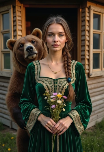 Женщина в зелёном бархатном сарафане с длинными рукавами, украшенными золотым орнаментом, стоит бок о бок с медведем. Её лицо освещает тёплый свет, а в руках она держит небольшой пучок полевых цветов. Позади деревянная изба с резными наличниками, создавая традиционный русский колорит.