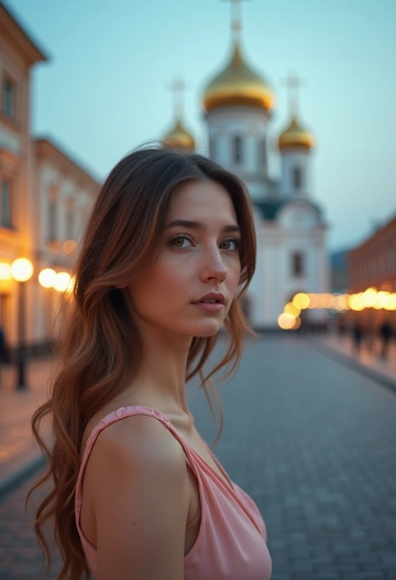 Женщина стоит на фоне Новосибирского Вознесенского собора, одета в элегантное платье пастельных тонов, её волосы аккуратно уложены. Светлая улица, по которой она стоит, вымощена камнем, а яркие вечерние огни собора создают мягкое, тёплое освещение, подчеркивающее её черты лица. Позади виден величественный собор с характерной архитектурой и золотыми куполами, придающий сцене драматичности. Вокруг спокойно, создаётся атмосфера торжественности и умиротворения. Крупный план.